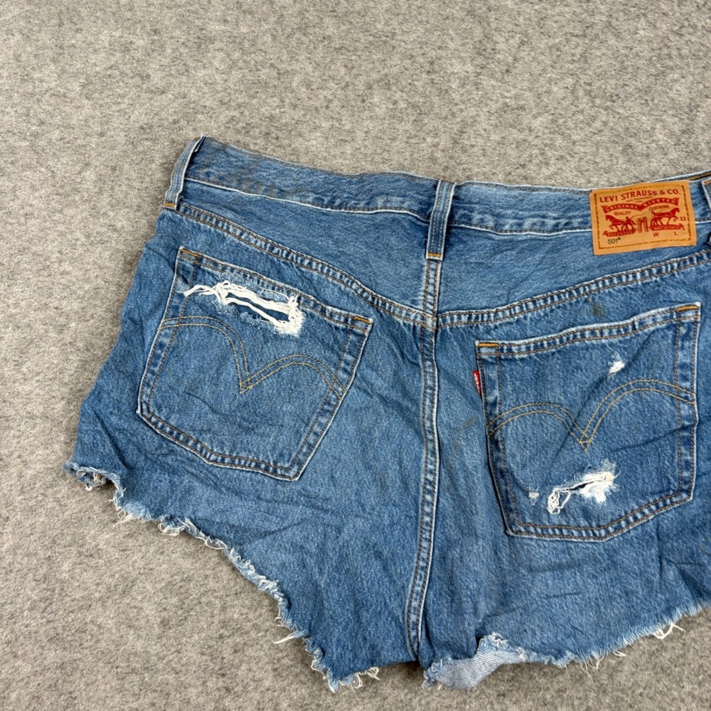 Levis 501 Shorts Women 32 Blue Distressed Cut Off Denim Button Fly - Picture 9 of 16